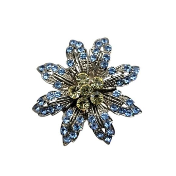 Flower Brooch Sparkling Blue & Yellow Rhinestone Flush Set Stones Silver Tone - Picture 1 of 9